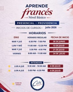 🇫🇷 ¡Nuevos grupos de francés abren en Julio!

Si siempre has querido aprender francés, este es el momento de empezar ✨
Abrimos nuevos grupos en:
📍 Providencia
📍 Chapultepec
💻 Clases en línea

¡Tú eliges la modalidad que más te convenga!
Clases dinámicas, práctica real y un ambiente para aprender francés desde el primer día 🇫🇷

📩 Escríbenos para más información y apartar tu lugar.

#frances #aprendefrances #cotefrance #francesmexico #clasesdefrances #idiomas #aprendefrancesfacil