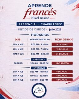 🇫🇷 ¡Nuevos grupos de francés abren en Julio!

Si siempre has querido aprender francés, este es el momento de empezar ✨
Abrimos nuevos grupos en:
📍 Providencia
📍 Chapultepec
💻 Clases en línea

¡Tú eliges la modalidad que más te convenga!
Clases dinámicas, práctica real y un ambiente para aprender francés desde el primer día 🇫🇷

📩 Escríbenos para más información y apartar tu lugar.

#frances #aprendefrances #cotefrance #francesmexico #clasesdefrances #idiomas