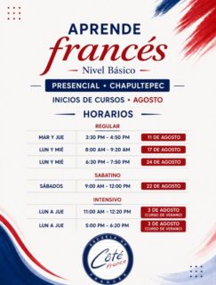 🇫🇷 ¡Este agosto empieza a hablar francés!

Inscríbete a nuestros nuevos grupos de nivel básico en Côté France Chapultepec y aprende con un método práctico, dinámico y enfocado en la conversación desde la primera clase.

✅ Grupos entre semana, sabatino e intensivos.
✅ Profesores especializados.
✅ Ambiente 100% francés.

📅 Inicios durante agosto.
📩 Escríbenos por WhatsApp y encuentra el horario ideal para ti.

¡Te esperamos en Côté France Chapultepec! 🇫🇷

#CôtéFrance #Chapultepec #Francés #AprenderFrancés #CursoDeFrancés #ClasesDeFrancés #FrancésDesdeCero #Guadalajara #Idiomas #CursoDeVerano #HablaFrancés #AprendeIdiomas #NivelBásico #México