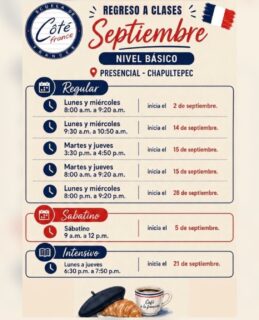 🇫🇷 ¡Este septiembre regresa a clases hablando francés!

Inscríbete a nuestros nuevos grupos de nivel básico en Côté France Chapultepec y aprende con un método práctico, dinámico y enfocado en la conversación desde la primera clase.

✅ Grupos entre semana, sabatino e intensivos.
✅ Profesores especializados.
✅ Ambiente 100% francés.

Inicios durante Septiembre 2026
📩 Escríbenos por WhatsApp y encuentra el horario ideal para ti.

¡Te esperamos en Côté France Chapultepec! 🇫🇷

#CôtéFrance #Chapultepec #Francés #AprenderFrancés #cursodefrancés