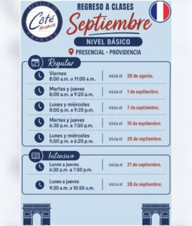🇫🇷 ¡Este septiembre regresa a clases y hablar francés! 

Nuestros nuevos grupos de nivel básico ya están abiertos en Côté France Providencia.

✨ Aprende con el método que ha ayudado a miles de alumnos a hablar francés desde las primeras clases.

📚 Modalidades disponibles:
✅ Regular
✅ Intensivo 

👨‍🏫 Clases en grupos reducidos.
🗣️ Método 100% conversacional.
📍 Plantel Providencia.

📩 Envíanos un mensaje por WhatsApp y te ayudamos a elegir el horario ideal.

À bientôt chez Côté France! 🇫🇷

#CôtéFrance #Francés #AprenderFrancés #CursoDeFrancés #GuadalajaraProvidencia