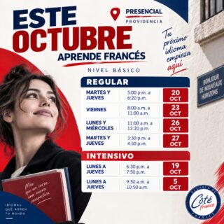 🇫🇷✨ ¡Octubre es un gran momento para empezar a hablar francés!

Ya están abiertos nuestros nuevos grupos de nivel básico en Côté France Providencia. Elige entre horarios regulares, sabatinos e intensivos y aprende francés de una forma práctica, dinámica y conversacional, acompañado de maestr@s franceses. 🗣️🇫🇷

🎉 ¡Aprovecha nuestra promoción!
Inscríbete como alumno de nuevo ingreso presencial del 10 de septiembre al 3 de octubre y obtén tu INSCRIPCIÓN GRATIS.

📍 Côté France Providencia
📅 Consulta en la publicación nuestros inicios de clases en Octubre.

👉 Escríbenos y encuentra el horario ideal para ti.

Côté France, el método que te hace hablar francés en 1, 2 x 3. 🇫🇷

Aplican restricciones.

#CôtéFrance #AprendeFrancés #FrancésEnGuadalajara #Chapultepec #cursodefrancés
